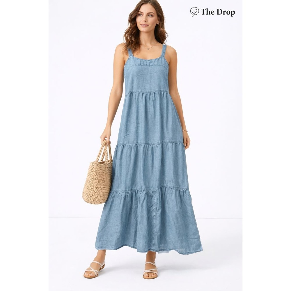 The Drop Chambray‎ Tiered Maxi Dress XXS NWT Light Denim Blue